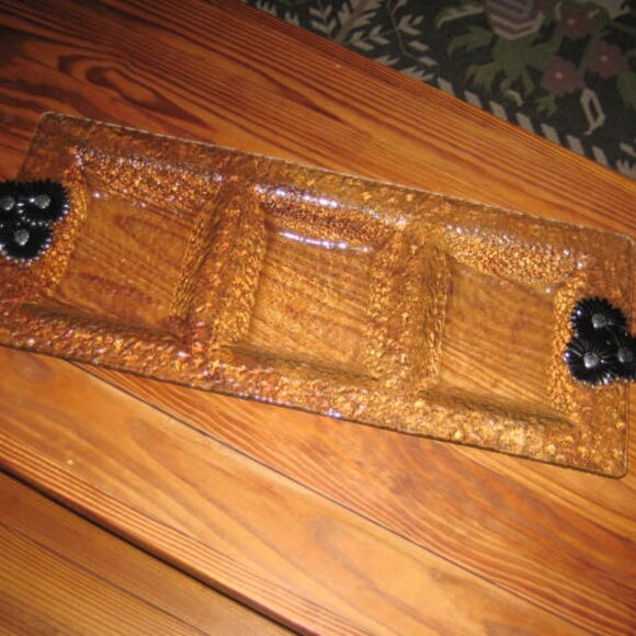 Thirstystone 3 Section Hammered Glass Pewter Handles Tray Daisy 22" Excellent - Picture 3 of 7